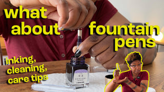 A Youtube Thumbnail with chunky yellow text saying What About Fountain Pens - inking, cleaning, care tips. It shows one of our shop staff holding a fountain pen.