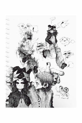 Flinching print by Klaymore: black-and-white character collage with doodles