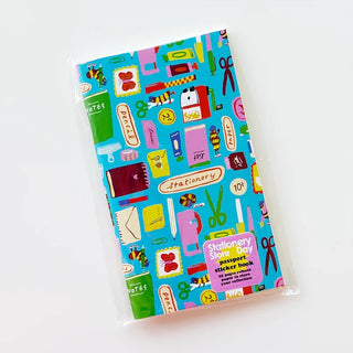 Mini passport sticker book with colorful stationery-themed cover