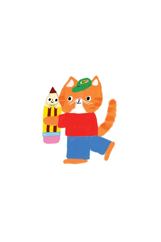 Cartoon orange cat vinyl sticker holding a pencil, with a smiling companion