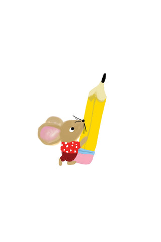 Cartoon vinyl sticker of a mouse holding a yellow pencil