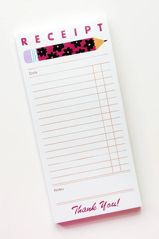 Receipt notepad with 'RECEIPT' header, date/notes lines, and 'Thank you!' footer