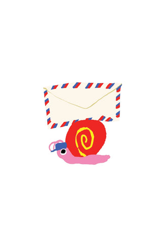 Vinyl snail sticker with red-and-yellow spiral shell and striped mail envelope