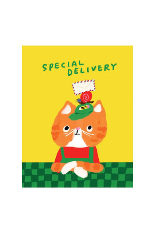Yellow special delivery greeting card with cartoon orange cat holding a small parcel