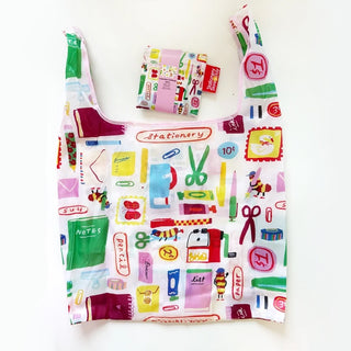 Foldable reusable tote bag with colorful stationery icon print