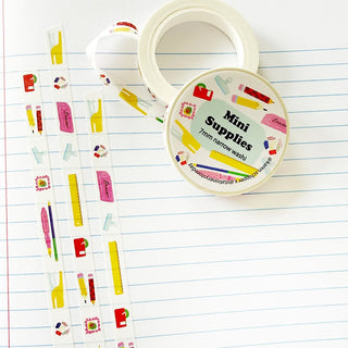 Mini supplies 7mm narrow washi tape roll on notebook with colorful stationery icons