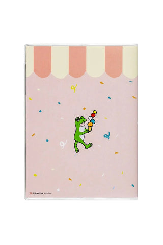 A6 monthly planner back cover with one green frog character and colorful confetti dots