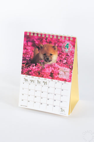 Desk calendar with Shiba Inu in pink flowers cover, spiral rings, month grid.