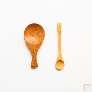 Bamboo tea spoon pair, rounded bowl and long handle, natural light brown wood