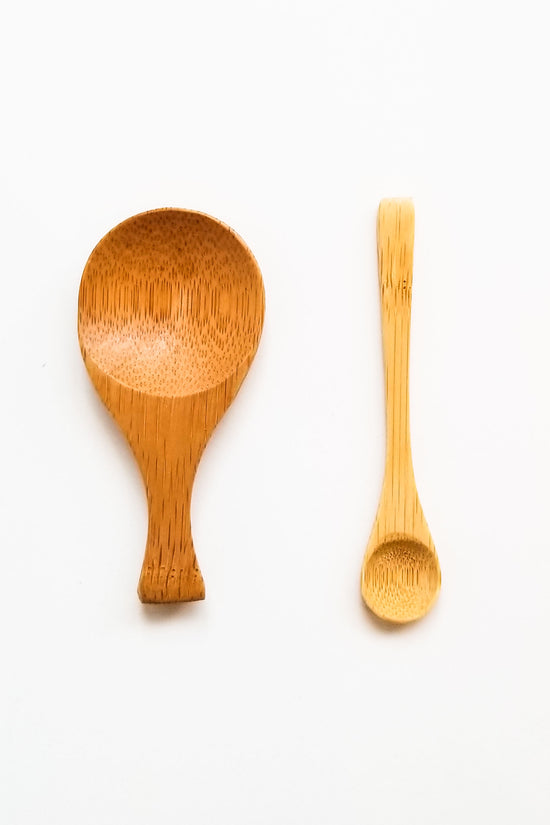 Bamboo tea spoon pair, rounded bowl and long handle, natural light brown wood