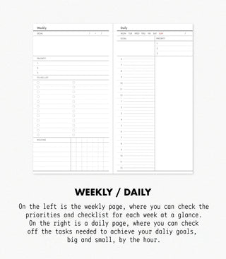 3-month goal planner open to weekly and daily sections with checklist rows