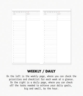 3-month goal planner open to “WEEKLY / DAILY” layout with two grid pages