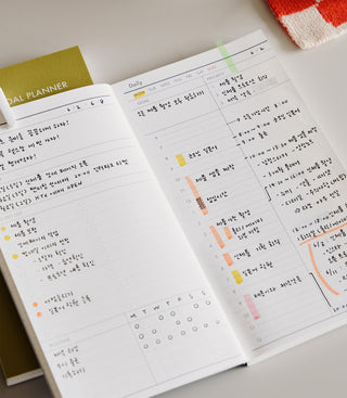 3-month goal planner open to weekly and daily goal pages with colored highlights
