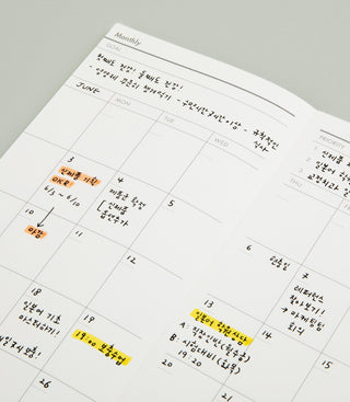3-month goal planner monthly calendar page with date boxes and colored labels