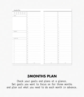 3-month goal planner open to “3MONTHS PLAN” with goal and priority lists