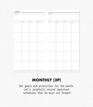 3-month goal planner open to “MONTHLY (3P)” with blank monthly tracking grids