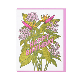 Birthday card with tropical flower bouquet and colorful “Happy Birthday” text