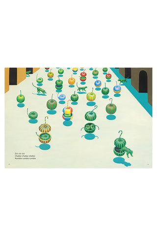 Illustrated poster panel with many green and blue striped sea creatures floating