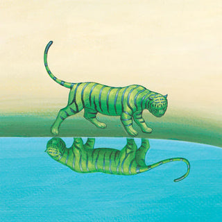 Illustrated poster close-up of green striped tiger and its reflection in blue water