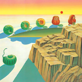 Illustrated poster with orange-headed animals on cliffs and a green striped cat near water