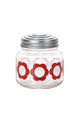 Mini glass candy jar with red circular patterns and silver screw lid