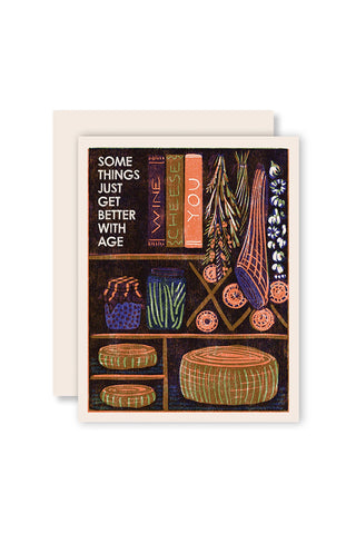 Letterpress greeting card with quote 'Some things just get better with age' and colorful vases