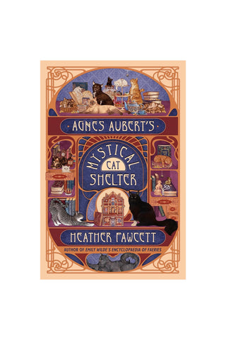 Mystical Cat Shelter book cover with blue cat illustration and ornate arched frame