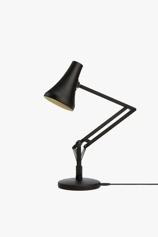 Carbon black mini desk lamp with conical shade, articulated arm, and round base