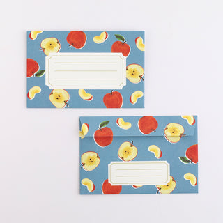 Set of two blue fruit-pattern letter cards with framed blank writing panels and apple motifs