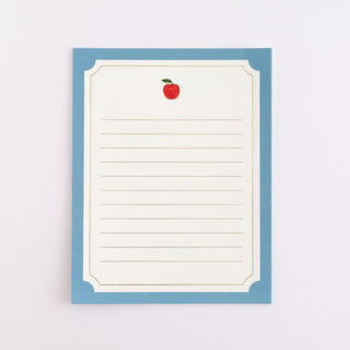Blue letter writing card with small red apple icon and lined writing area, scalloped border