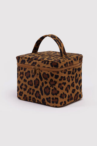 Leopard-print large cosmetic case with top handle and zip closure