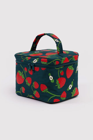 BAGGU large cosmetic case, dark teal with strawberry print and top handle, zipped closed.