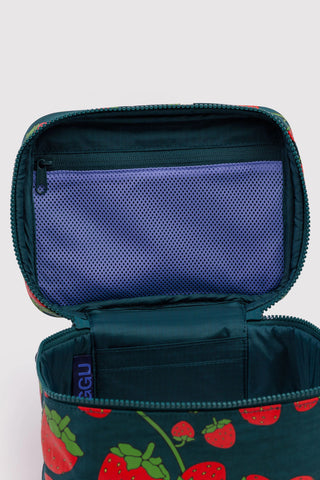 BAGGU large cosmetic case interior, dark teal with mesh pocket and zipper pull.