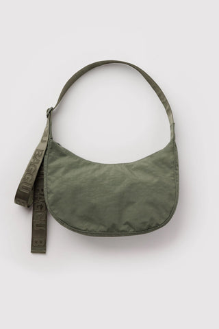 Medium crescent nylon bag, olive green, with wrist strap and logo tag