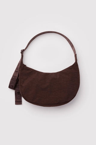 Medium crescent nylon bag in coffee brown, curved handle and side strap