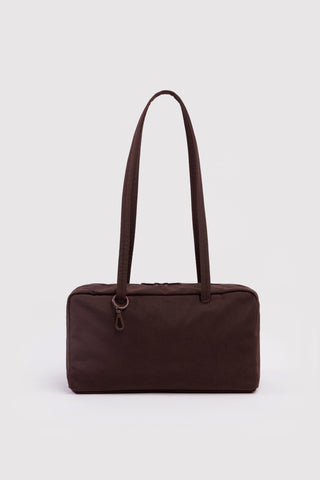 Dark brown nylon bowler bag with top zipper and two carry handles