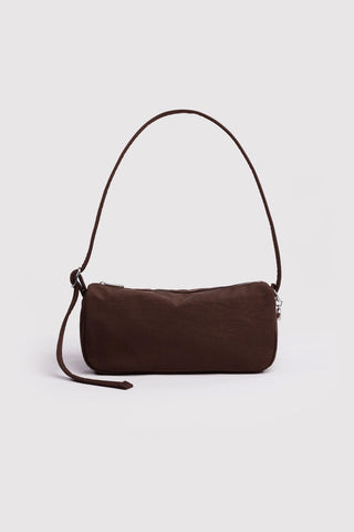 Brown nylon loaf shoulder bag with curved handle and side strap