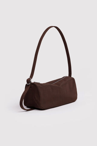 Brown nylon loaf bag with long handle and adjustable shoulder strap