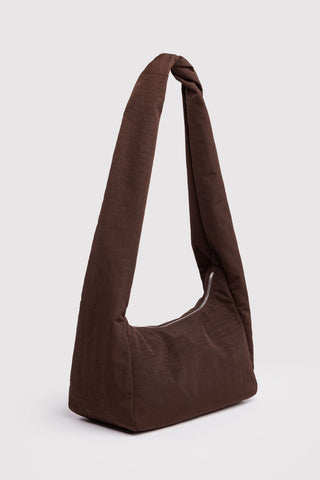 Coffee-brown nylon tote bag with minimal fold-over silhouette