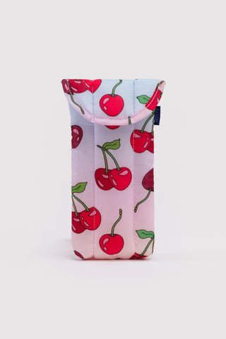 BAGGU puffy glasses sleeve with cherry print, light pink with red cherries
