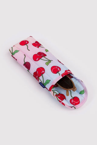 BAGGU puffy glasses sleeve, cherry print light pink, open end with dark interior