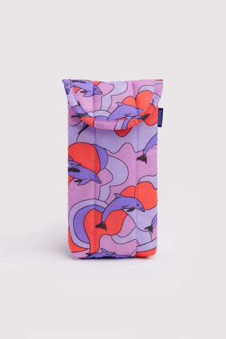 Puffy glasses sleeve with purple dolphin print and elastic top, front view