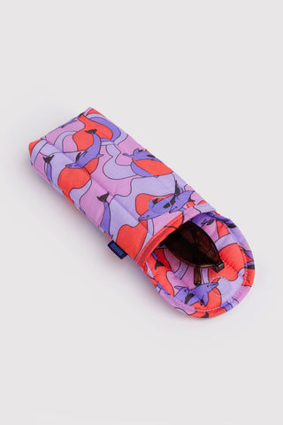 Puffy glasses sleeve with purple dolphin print, open end and lined interior shown