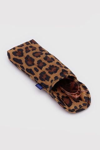 BAGGU puffy leopard-print glasses sleeve, angled view with open end