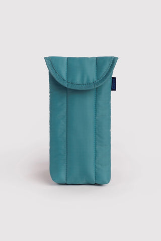 Teal puffy glasses sleeve with top flap and stitched seams