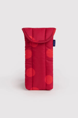 Red padded puffy glasses sleeve with flap and muted polka-dot circles