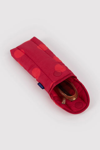 Red polka-dot puffy glasses sleeve, padded and open at top with glasses