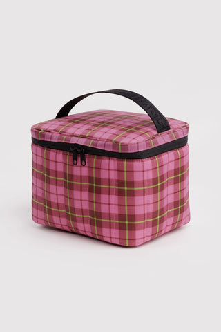Puffy lunch bag in pink plaid with black handle and zipper trim