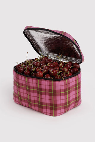 Puffy lunch bag open top, pink plaid shell with black lining and zipper