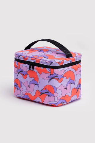 Puffy lunch bag with dolphin print, zip-top, black handle trim, purple-pink fabric